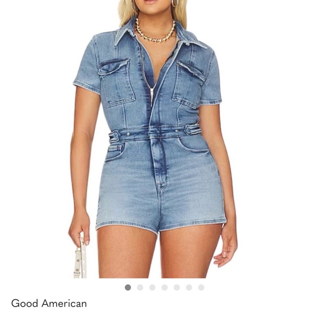 Good American Light Blue Short Sleeve Denim Romper
